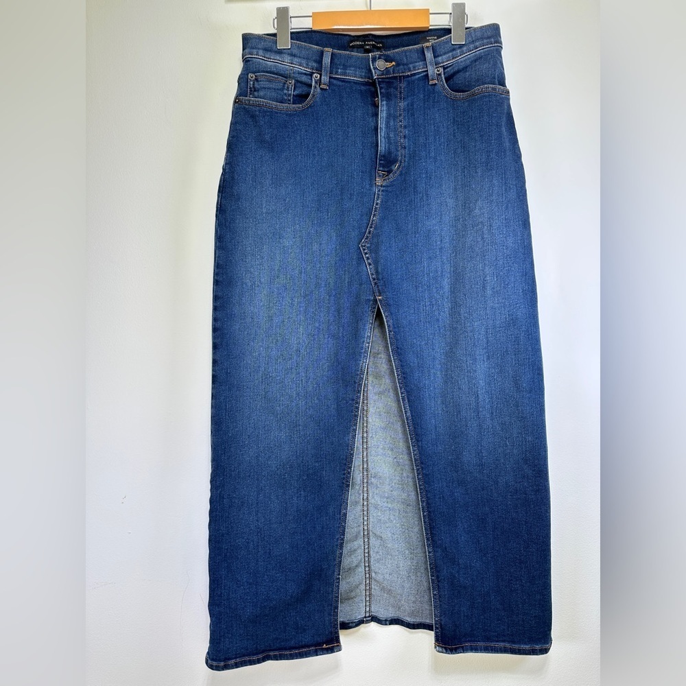 Long Denim Skirt High Waist Dark Wash Straight Jean Skirt Front Slit Size 31